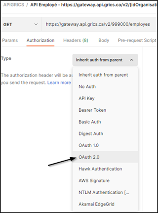 Postman - Choisir type autorisation