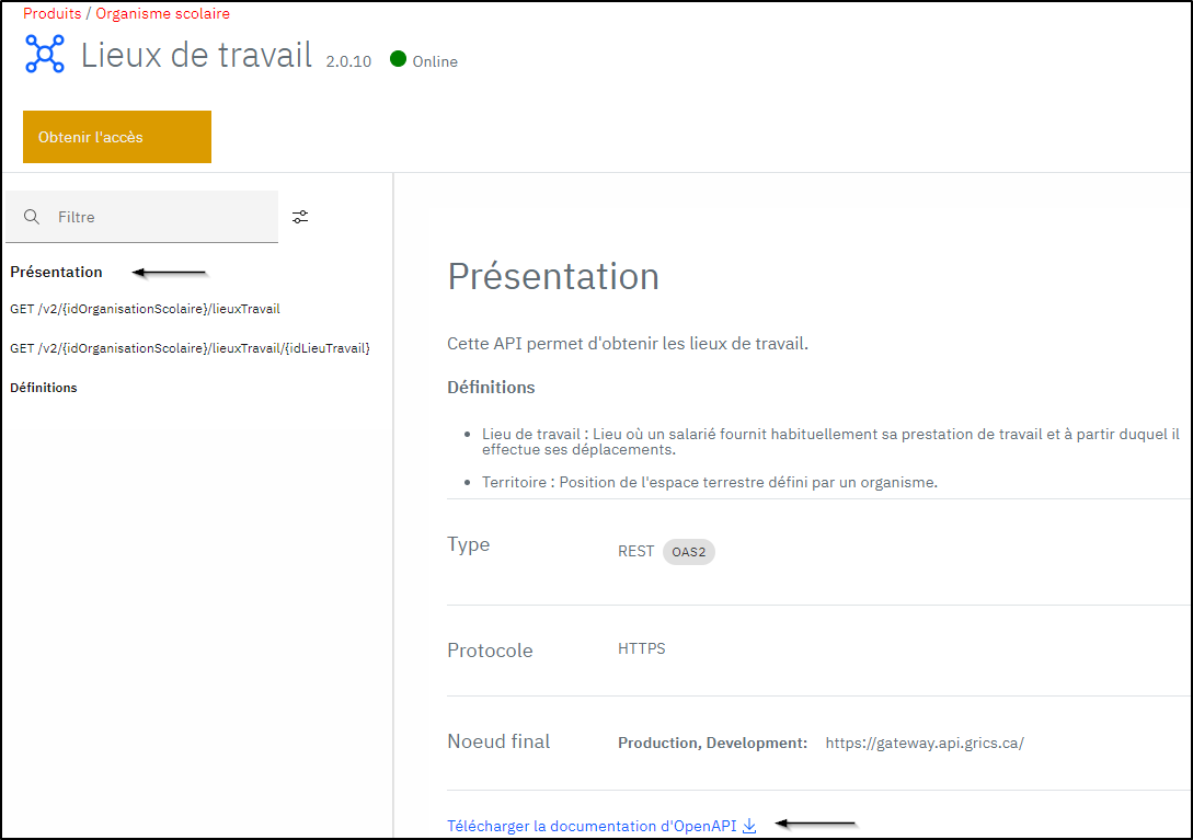 Menu présentation API